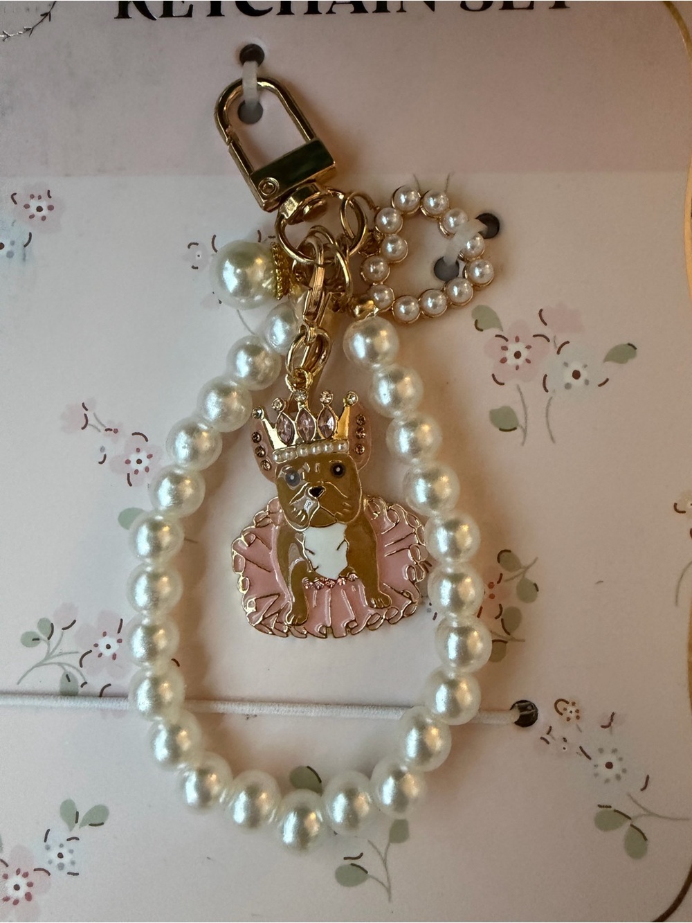 Pearl Bead Key & Card Holder with Pink Princess Dog Charm